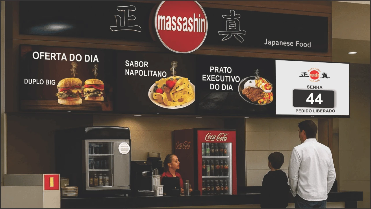Fachada do Massashin com três televisores exibindo mídias e chamando senhas