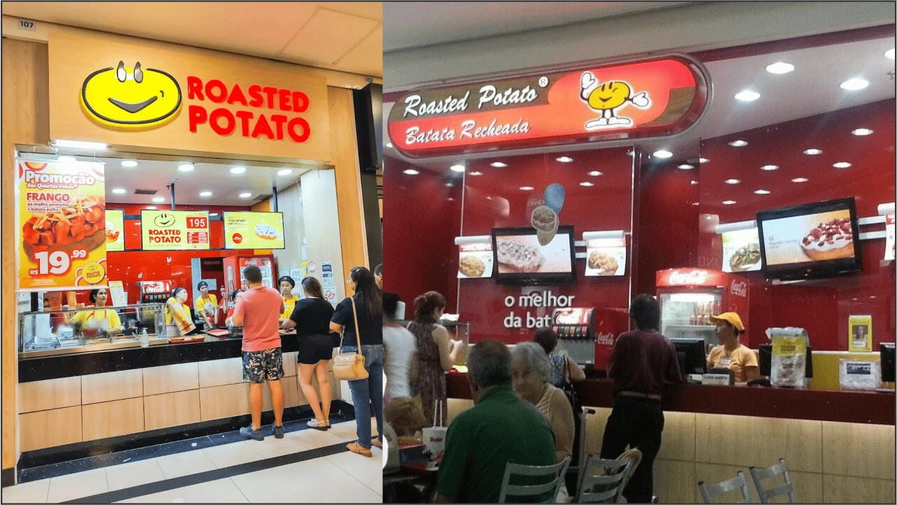 Montagem comparativa com duas fachadas do Roasted Potato em locais diferentes